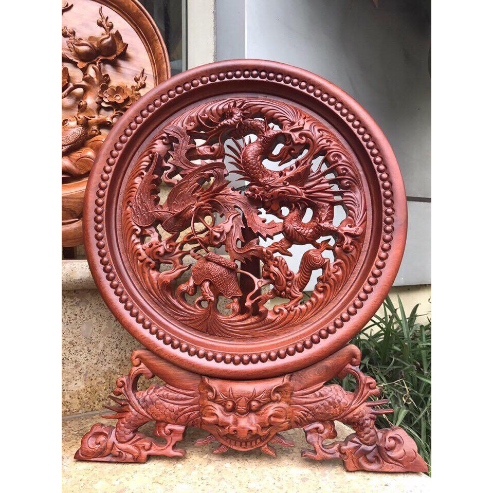 Đĩa tứ linh gỗ hương đá đường kính 40 cm